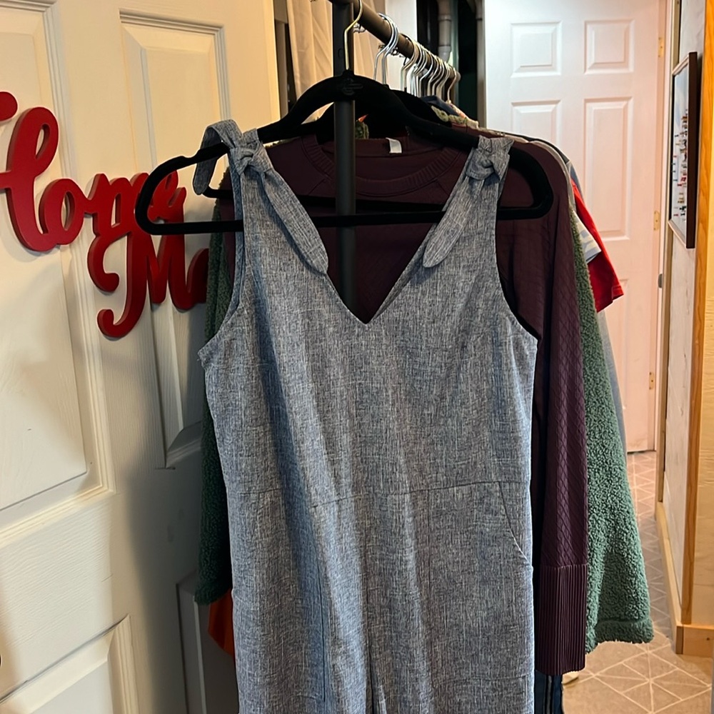 Blue- Pant Romper- V Neck- wide leg with pockets